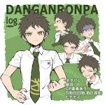  1boy ahoge angry bangs blush border breast_pocket brown_hair character_name closed_eyes closed_mouth collared_shirt commentary_request danganronpa_(series) danganronpa_2:_goodbye_despair green_background green_eyes green_neckwear hand_on_hip highres hinata_hajime looking_at_viewer male_focus multiple_views necktie open_mouth pocket profile shaded_face shirt short_hair smile sweat takagiri upper_body white_border white_shirt 