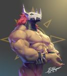  abs anthro armor biceps bracelet claws digimon digimon_(species) fansila6 green_eyes hair headgear helmet hi_res jewelry looking_down male mask muscular muscular_anthro muscular_male pecs red_hair scalie solo wargreymon yellow_body 