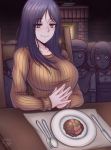  2020 black_hair blush breasts chainsaw_man closed_mouth commentary english_commentary eve_(pixiv25240695) food fork highres horror_(theme) huge_breasts indoors knife long_hair long_sleeves plate santa_claus_(chainsaw_man) signature smile solo_focus spoon sweater table tagme 
