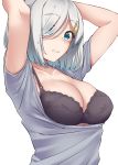  1girl absurdres alternate_costume arms_behind_head arms_up bangs black_bra blue_eyes bra breasts cleavage collarbone eyebrows_visible_through_hair grey_shirt hair_ornament hair_over_one_eye hairclip hamakaze_(kantai_collection) highres kantai_collection kiritto large_breasts looking_at_viewer shirt short_hair short_sleeves silver_hair simple_background solo underwear upper_body white_background 