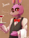  2015 3:4 alcohol ambiguous_gender animatronic anthro beverage bonnie_(fnaf) bow_tie button_(fastener) clothed clothing dialogue english_text five_nights_at_freddy&#039;s holding_object ill825_(artist) lagomorph leporid looking_at_viewer machine mammal multicolored_body purple_body rabbit raised_arm red_eyes robot signature solo text video_games waiter wine wine_glass 