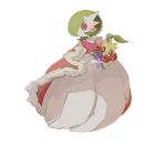  1girl :3 apios1 bangs black_sclera blue_flower blue_rose blush bob_cut cape closed_mouth colored_skin commentary creatures_(company) female flower full_body fur-trimmed_cape fur_trim game_freak gardevoir gen_2_pokemon gen_3_pokemon green_hair hair_over_one_eye happy holding holding_pokemon looking_at_viewer mega_gardevoir mega_pokemon nintendo open_mouth pokemon pokemon_(creature) purple_flower red_cape red_eyes red_flower red_rose rose short_hair simple_background smile solo_focus standing sunkern white_background white_eyes white_skin 