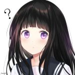  1girl ? artist_name bangs black_hair black_sailor_collar blunt_bangs blush chitanda_eru closed_mouth commentary_request eyebrows_visible_through_hair freonclayr hyouka long_hair looking_at_viewer portrait purple_eyes sailor_collar school_uniform serafuku signature simple_background solo white_background 