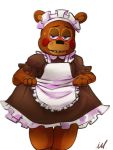  2015 3:4 ambiguous_gender animatronic anthro blue_eyes blush brown_body clothing clothing_grab embarrassed five_nights_at_freddy&#039;s five_nights_at_freddy&#039;s_2 freckles ill825_(artist) looking_away machine maid_headdress maid_uniform mammal red_cheeks robot signature solo toy_freddy_(fnaf) uniform ursid ursine video_games 