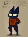  3:4 ambiguous_gender anthro blue_body blue_fur bottomwear cartoon_network clothing domestic_cat english_text felid feline felis fingers footwear fur hi_res looking_at_viewer mae_borowski mammal mao_mao:_heroes_of_pure_heart night_in_the_woods notched_ear pants red_eyes sheriff_mao_mao_mao shirt shoes solo standing text topwear video_games whiskers 