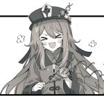  &gt;o&lt; 1girl blush chinese_clothes closed_eyes genshin_impact greyscale hat hu_tao long_sleeves monochrome smile solo ssm_(ssm82048039) wide_sleeves 