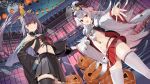  2girls :d ahoge azur_lane bare_shoulders black_hair black_headwear black_legwear black_shirt black_skirt breasts brown_eyes crop_top crop_top_overhang dutch_angle ghost hair_ribbon halloween hat hat_removed headwear_removed hibiki_(azur_lane) high-waist_skirt high_ponytail highres horns isuzu_(azur_lane) long_hair long_sleeves looking_at_viewer midriff miniskirt mo_(428clv) multiple_girls navel off_shoulder official_art open_clothes open_mouth outstretched_arms peaked_cap pleated_skirt ponytail pumpkin red_eyes red_skirt retrofit_(azur_lane) revealing_clothes ribbon sarashi shirt silver_hair skirt small_breasts smile standing stomach suspenders thighhighs v-shaped_eyebrows very_long_hair white_legwear wide_sleeves zettai_ryouiki 