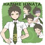  1boy ahoge angry bangs blush border breast_pocket brown_hair character_name closed_eyes closed_mouth collared_shirt commentary_request danganronpa_(series) danganronpa_2:_goodbye_despair green_background green_eyes green_neckwear hand_on_hip highres hinata_hajime looking_at_viewer male_focus multiple_views necktie open_mouth pocket profile shaded_face shirt short_hair smile sweat takagiri upper_body white_border white_shirt 