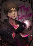  1boy black_gloves black_hoodie black_jacket blood blood_on_face bloody_clothes brown_eyes brown_hair collarbone commentary_request cosplay danganronpa_(series) danganronpa_2:_goodbye_despair dead_by_daylight doggye_(zginrwsn) gloves highres hinata_hajime holding holding_mask hood hood_down hoodie jacket long_sleeves looking_at_viewer male_focus mask mask_removed pink_blood short_hair smile solo spiked_hair the_legion_(dead_by_daylight) the_legion_(dead_by_daylight)_(cosplay) upper_body 