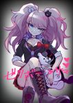  1girl bangs bear_hair_ornament black_shirt blue_eyes boots bow bra breasts brown_footwear choker cleavage collarbone commentary_request cross-laced_footwear danganronpa:_trigger_happy_havoc danganronpa_(series) enoshima_junko hair_ornament heart highres knee_boots long_hair monokuma nail_polish necktie pink_hair pleated_skirt red_nails shirt sitting skirt sleeves_rolled_up smile stuffed_animal stuffed_toy takagiri teddy_bear translation_request twintails underwear 
