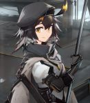  1girl ahoge arknights bangs beret black_gloves black_headwear brown_hair cloak closed_mouth deel_(rkeg) english_commentary gloves hair_between_eyes hat highres holding holding_weapon long_sleeves looking_at_viewer multicolored_hair orange_eyes plume_(arknights) short_hair smile solo standing two-tone_hair upper_body weapon 