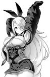  1girl absurdly_long_hair anchor_symbol armpits arms_up azur_lane bangs black_sleeves blush breasts crop_top eyes_visible_through_hair greyscale hair_over_one_eye hairband high-waist_skirt highres hori_(hori_no_su) iron_blood_(emblem) large_breasts long_hair mole mole_under_eye monochrome necktie one_eye_closed parted_bangs prinz_heinrich_(azur_lane) ribbed_shirt shirt simple_background skirt smile solo underboob very_long_hair white_background 