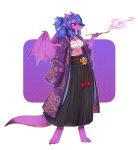  anthro asian_clothing bottomwear chest_wraps clothing dragon female hair hi_res jellyenvy opium_pipe ponytail red_eyes simple_background skirt smoke smoking solo wings wraps 