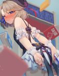  1girl apron azur_lane backless_dress backless_outfit beret black_apron black_headwear blonde_hair blue_eyes blue_ribbon blush bookshelf commentary_request covering covering_ass dress dutch_angle embarrassed from_behind from_below full-face_blush hair_ribbon hat hat_ribbon looking_at_viewer masao_(kds_mso) narrowed_eyes pleated_skirt ribbon short_hair skirt solo wavy_mouth white_dress white_skirt wrist_cuffs z23_(azur_lane) z23_(the_eyecatch_in_the_rye)_(azur_lane) 