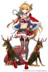  1girl ahoge ainy animal antlers blonde_hair boots candy candy_cane capelet chiba_karin christmas closed_mouth collarbone crop_top detached_collar dog food full_body fur_trim garter_straps grey_legwear hand_on_hip highres holding long_hair looking_at_viewer mahjong_hime midriff miniskirt navel official_art one_side_up red_footwear red_shirt red_skirt reindeer_antlers rottweiler sack shirt simple_background skirt smile solo standing stomach thighhighs v-shaped_eyebrows very_long_hair white_background wrist_cuffs yellow_eyes zettai_ryouiki 