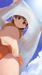  1girl bikini bikini_skirt bikini_under_clothes blue_sky breasts brown_eyes brown_hair clothes_lift cloud from_below highres hiroki_(yyqw7151) lifted_by_self looking_at_viewer looking_down misaka_mikoto navel orange_bikini shirt shirt_lift short_hair sky small_breasts solo stomach swimsuit swimsuit_under_clothes to_aru_kagaku_no_railgun to_aru_majutsu_no_index upshirt white_shirt 