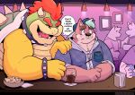  2020 absurd_res anthro bottomwear bowser canid canine clothing detailed_background english_text group hi_res hoodie inside koopa male male/male mammal mario_bros nintendo overweight overweight_male pants scalie shirt text topwear video_games zestibone 