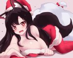  1girl animal_ears breast_press breasts brown_hair christmas cleavage collarbone dress fang fur-trimmed_headwear fur_trim hat imaizumi_kagerou large_breasts long_hair looking_at_viewer lying open_mouth red_dress red_legwear sack santa_costume santa_hat sivamaron solo sweatdrop tail touhou wolf_ears wolf_tail 