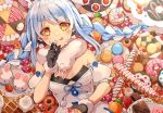  1girl animal_ear_fluff animal_ears arm_cuffs black_gloves black_leotard blush braid breasts bunny_ears cake candy carrot_hair_ornament checkered checkered_floor chocolate cleavage closed_mouth coat commentary cookie cream cream_on_face cupcake don-chan_(usada_pekora) doughnut eclair_(food) eyebrows_visible_through_hair food food_on_face food_themed_hair_ornament from_above fruit fur-trimmed_gloves fur_scarf fur_trim gloves hair_ornament highres hololive icing leotard licking_lips light_blue_hair long_hair looking_at_viewer lying macaron medium_breasts multicolored_hair off-shoulder_coat on_back orange_eyes pastry_box playboy_bunny smile solo strawberry symbol-shaped_pupils thick_eyebrows tongue tongue_out twin_braids twintails two-tone_hair upper_body usada_pekora virtual_youtuber waffle white_coat white_hair yatsubo 