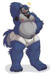  2020 anthro armpit_hair beard belly black_nose blue_body blue_fur body_hair bottomwear bulge canid canine canis clothing facial_hair fur hi_res male mammal moobs nipples overweight overweight_anthro overweight_male shorts simple_background solo vitashi white_background wolf 