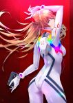  1girl absurdres ass bangs blue_eyes bodysuit breasts cno commentary_request earphones evangelion:_3.0+1.0_thrice_upon_a_time eyepatch from_behind hair_ornament highres long_hair looking_at_viewer medium_breasts neon_genesis_evangelion orange_hair plugsuit rainbow shikinami_asuka_langley solo souryuu_asuka_langley thighs walkman watermark 