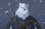  armor black_nose canid canine canis fur geralt_of_rivia male mammal melee_weapon scar snow sword unknown_artist weapon white_body white_fur wolf yellow_eyes 