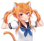  1girl animal_ears black_sailor_collar blue_neckwear blush bunching_hair cat_ears cat_tail commentary dated hair_grab highres indie_virtual_youtuber kaheru_(vtuber) long_hair looking_at_viewer neckerchief orange_hair parted_lips puffy_short_sleeves puffy_sleeves red_eyes sailor_collar school_uniform serafuku shirt short_sleeves signature simple_background solo tail temachii twintails upper_body white_background white_shirt 