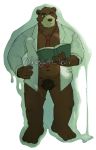  2020 anthro belly book brown_body brown_fur clothed clothing fur hagom hi_res humanoid_hands kemono male mammal navel necktie open_clothing open_shirt open_topwear pubes reading shirt slightly_chubby solo topwear ursid 