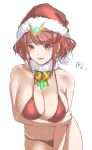  1girl arm_under_breasts bangs bell bell_choker bikini blush breasts choker commentary_request earrings eyebrows_visible_through_hair hat highres holding_own_arm jewelry large_breasts mitsugu navel open_mouth pyra_(xenoblade) red_bikini red_eyes red_hair santa_hat short_hair swept_bangs swimsuit thighs tiara white_background xenoblade_chronicles_(series) xenoblade_chronicles_2 