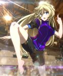  1girl alternate_hairstyle bike_shorts black_shorts blonde_hair blue_eyes breasts carol_malus_dienheim highres leg_lift leg_up long_hair looking_at_viewer medium_breasts mole mole_under_eye older open_mouth senki_zesshou_symphogear shiny shiny_hair shiny_skin shorts solo sportswear standing standing_on_one_leg tanashi_(mk2) 