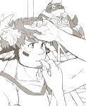  2boys animal_ears character_request cow_ears facial_hair forked_eyebrows goatee greyscale hand_up hijirino_yuuta lifeguard looking_to_the_side male_focus monochrome multiple_boys muscular muscular_male pectorals shark_boy short_hair sideburns thick_eyebrows tokyo_houkago_summoners upper_body wakan_tanka whistle 