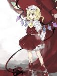  1girl arms_behind_back ascot bangs blonde_hair blood blood_on_leg bloody_clothes bobby_socks commentary_request crystal eyebrows_behind_hair feet_out_of_frame flandre_scarlet hair_between_eyes hat hat_ribbon highres holding holding_polearm holding_weapon kaigen_1025 laevatein layered_capelet looking_afar looking_ahead mob_cap one_side_up petticoat polearm puffy_short_sleeves puffy_sleeves red_background red_eyes red_ribbon red_skirt red_vest ribbon short_hair short_sleeves skirt skirt_set smile socks solo standing tidal_wave touhou vest wavy_hair weapon white_background white_headwear wings yellow_neckwear 