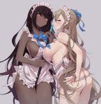  2girls agnamore apron ass asuna_(blue_archive) bangs bare_shoulders black_hair blonde_hair blue_archive blue_eyes blush breasts commentary_request dark-skinned_female dark_skin karin_(blue_archive) large_breasts long_hair looking_at_viewer maid_apron maid_headdress multiple_girls naked_apron panties sideboob smile underwear white_panties yellow_eyes 