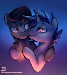  2020 black_mane blue_background blue_mane crossgender duo english_text equid equine friendship_is_magic ftm_crossgender fur gradient_background grey_body grey_fur hasbro hi_res horn hug jedayskayvoker looking_at_another male mammal mane my_little_pony octavia_(mlp) pink_eyes purple_background purple_eyes romantic_couple signature simple_background smile text unicorn url vinyl_scratch_(mlp) white_body white_fur 