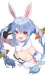  1girl :d animal_ear_fluff animal_ears bangs bare_shoulders black_gloves blue_hair blush braid breasts bunny_ears bunny_girl carrot_hair_ornament cleavage cropped_torso detached_sleeves eyebrows_visible_through_hair food_themed_hair_ornament fur-trimmed_gloves fur_collar fur_trim gloves hair_ornament highres hololive long_hair looking_at_viewer multicolored_hair ohihil open_mouth pom_pom_(clothes) puffy_short_sleeves puffy_sleeves purple_ribbon red_eyes ribbon short_sleeves sidelocks simple_background small_breasts smile solo strapless thick_eyebrows twin_braids two-tone_hair upper_body usada_pekora v very_long_hair virtual_youtuber white_background white_hair 