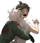  2boys ^^^ ahoge black_hair blush brown_hair coat commentary_request danganronpa_(series) danganronpa_2:_goodbye_despair doggye_(zginrwsn) from_side green_coat green_eyes grey_background hand_up head_on_another&#039;s_shoulder hinata_hajime hood hooded_coat hug hug_from_behind komaeda_nagito looking_at_another male_focus medium_hair messy_hair multiple_boys necktie open_mouth pale_skin shirt short_hair short_sleeves simple_background surprised sweatdrop upper_body upper_teeth white_background white_shirt yaoi 