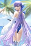  1girl absurdres artist_request ass back bangs bare_shoulders beach blue_eyes blue_ribbon blush breasts fate/grand_order fate_(series) frills greaves hair_ribbon highleg highleg_swimsuit highres long_hair long_sleeves looking_at_viewer looking_back meltryllis meltryllis_(swimsuit_lancer)_(fate) ocean off-shoulder_swimsuit off_shoulder one-piece_swimsuit orca prosthesis prosthetic_leg puffy_sleeves purple_hair ribbon sleeves_past_fingers sleeves_past_wrists small_breasts swimsuit thighs very_long_hair wading white_ribbon 