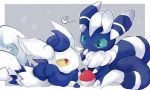  ball closed_mouth commentary_request gen_6_pokemon goma_(nabepa_nabepa) green_eyes highres holding lying meowstic meowstic_(female) meowstic_(male) on_stomach outline pokemon pokemon_(creature) red_eyes sitting spiral_eyes staring white_fur yellow_sclera 