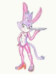  anthro blaze_the_cat bunny_ears_(cosmetic) clothing domestic_cat felid feline felis female footwear fours_(artist) fur hi_res high_heels leggings legwear mammal pasties platter purple_body purple_fur reverse_bunny_costume rubber shoes solo sonic_the_hedgehog_(series) 