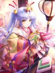  1girl absurdres angel_beats! bangs closed_mouth eyebrows_visible_through_hair fan goto_p hair_between_eyes hair_ornament highres hina_ningyou holding holding_fan japanese_clothes kimono long_hair pink_kimono shiny shiny_hair silver_hair sitting smile solo tenshi_(angel_beats!) twintails very_long_hair yellow_eyes 