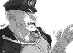  1boy aiguillette beard closed_eyes facial_hair greyscale hand_up hat hijirino_yuuta hogen_(tokyo_houkago_summoners) medal military_hat monochrome mustache old old_man open_mouth simple_background smile solo tokyo_houkago_summoners white_background 
