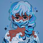  1girl artist_name bangs black_eyes blue_background braid braided_ponytail collarbone dark_skin dress looking_at_viewer mask meyoco mouth_mask multicolored_hair off-shoulder_dress off_shoulder original print_mask simple_background solo sparkle streaked_hair upper_body wave_print 