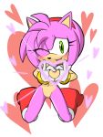  &lt;3 3:4 amy_rose anthro blushed clothing eulipotyphlan female fixink footwear fur genitals gesture gloves green_eyes hair hand_heart handwear hedgehog kneeling mammal mostly_nude nude one_eye_closed pink_body pink_fur pussy sega shoes simple_background smile solo sonic_the_hedgehog_(series) suggestive_pose video_games wink 