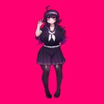  1girl :3 ahoge arm_behind_back black_legwear breasts crawling_dreams curvy highres huge_breasts long_hair nyarla_(osiimi) osiimi pink_background purple_eyes purple_hair school_uniform thick_thighs thighhighs thighs tongue v 