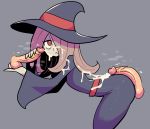  1girl :&lt; ^^^ bukkake closed_mouth commentary cum cum_on_clothes cum_on_hair erection facial from_side grey_background group_sex hair_over_one_eye handjob hat highres jitome little_witch_academia long_sleeves looking_at_viewer looking_to_the_side multiple_penises one_eye_covered pale_skin penis penis_on_ass purple_robe rariatto_(ganguri) red_eyes simple_background solo solo_focus sucy_manbavaran threesome trembling_penis uncensored wide_sleeves witch_hat 
