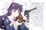  black_hair black_jacket blush collar falling_petals frilled_collar frilled_sleeves frills gears german_text gokou_ruri gun handgun hime_cut holding holding_gun holding_weapon jacket kuga_(nimonimo) lolita_fashion mauser_c96 mole mole_under_eye ore_no_imouto_ga_konna_ni_kawaii_wake_ga_nai petals red_eyes rifle rose_hair_ornament solo weapon 