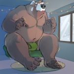 1:1 2020 anthro belly brown_body brown_fur bulge clothing fur hi_res humanoid_hands macro male mammal minedoo moobs navel nipples overweight overweight_anthro overweight_male sitting solo underwear ursid 