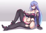  1girl bangs bare_shoulders black_bra black_footwear black_legwear blue_hair boots bra breasts choker cleavage collarbone commentary_request earrings elbow_gloves full_body gloves gradient gradient_background hair_between_eyes iris_heart jewelry kami_jigen_game_neptune_v knee_up large_breasts leaning_back long_hair looking_at_viewer naughty_face nav navel neptune_(series) pink_eyes sitting smirk solo symbol-shaped_pupils thighhighs thighs underwear white_background wrist_cuffs 