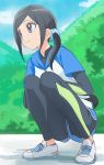  1girl black_hair blue_eyes blue_scrunchie blue_sky closed_mouth cloud day full_body hair_ornament hair_scrunchie haruyama_kazunori healin&#039;_good_precure looking_away outdoors precure sawaizumi_chiyu scrunchie shoes sky smile solo sportswear squatting white_footwear 