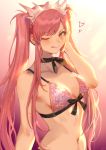  1girl bangs bare_shoulders blush bra breasts choker cleavage collarbone fate/grand_order fate_(series) gradient gradient_background highres licking_lips light_rays long_hair looking_at_viewer mashuu_(neko_no_oyashiro) medb_(fate)_(all) medb_(swimsuit_saber)_(fate) medium_breasts navel one_eye_closed pink_bra pink_hair sidelocks smile swept_bangs tiara tongue tongue_out twintails underwear yellow_eyes 